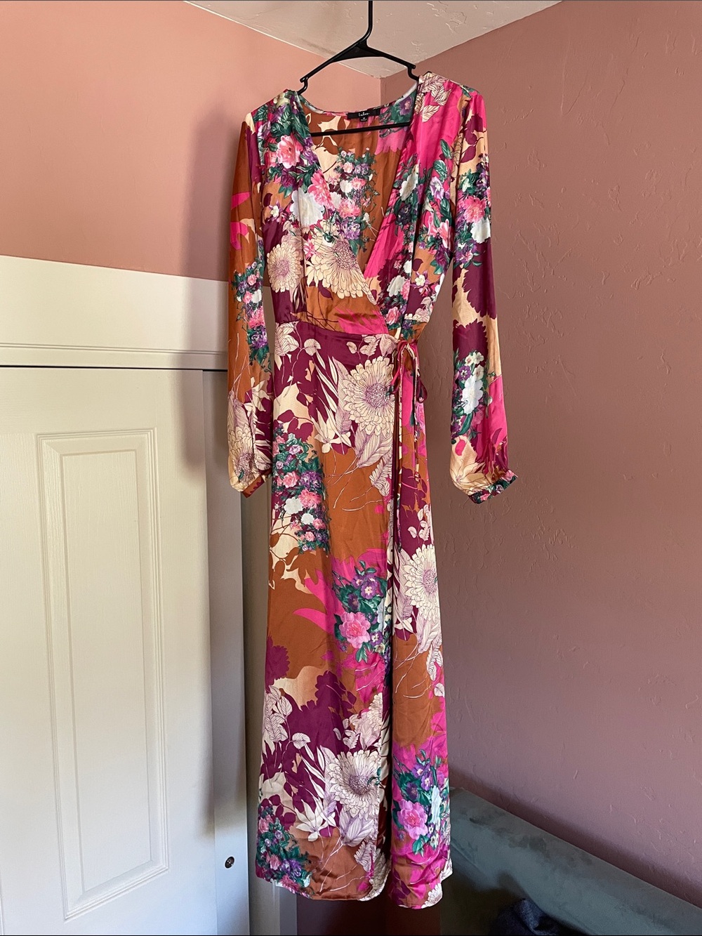 Lulu's Floral Wrap Maxi Dress in Fuchsia, Mustard & Cream